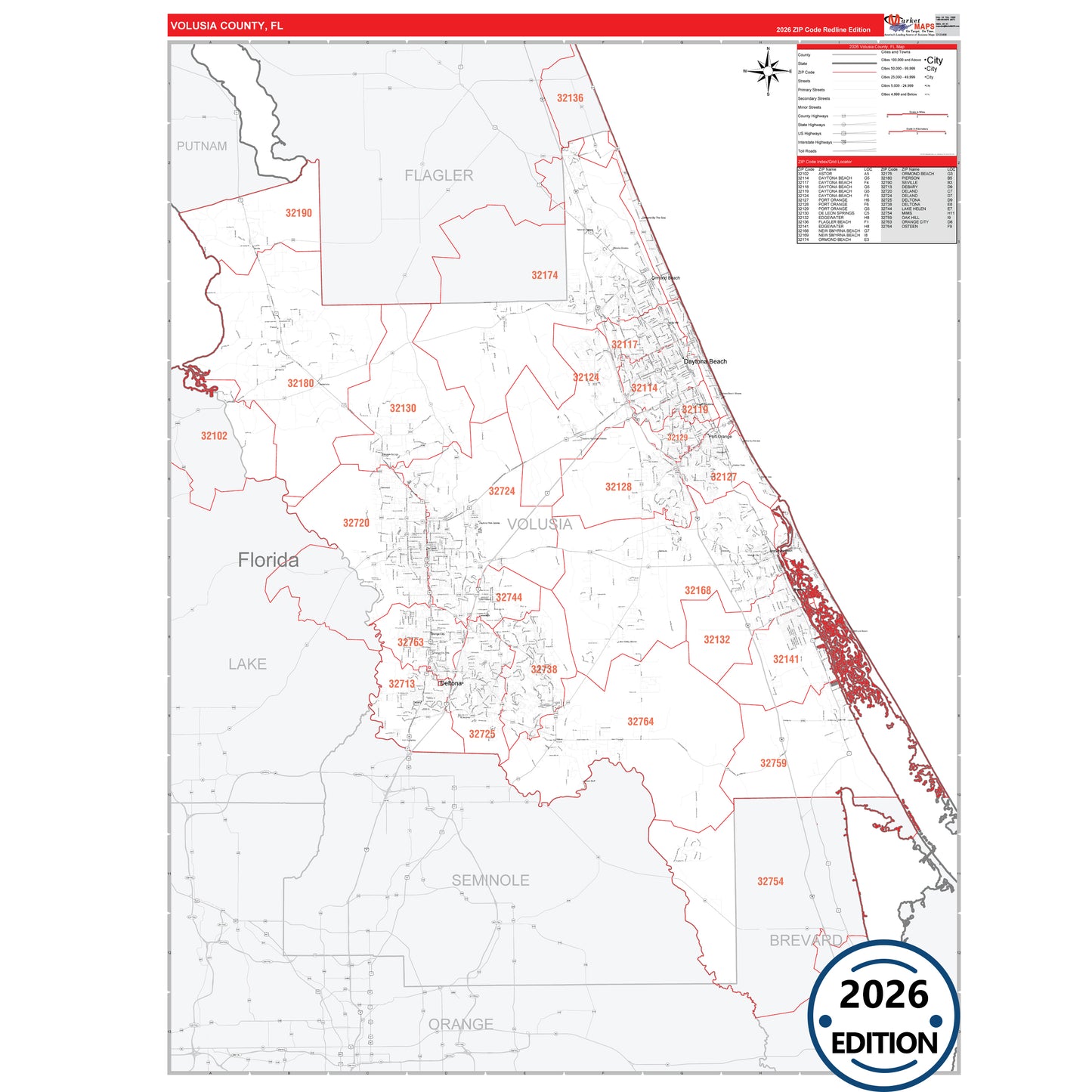 Volusia County, FL Red Line 5 Digit ZIP Code Wall Map