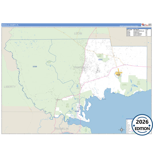 Wakulla County, FL Business Reference 5 Digit ZIP Code Wall Map