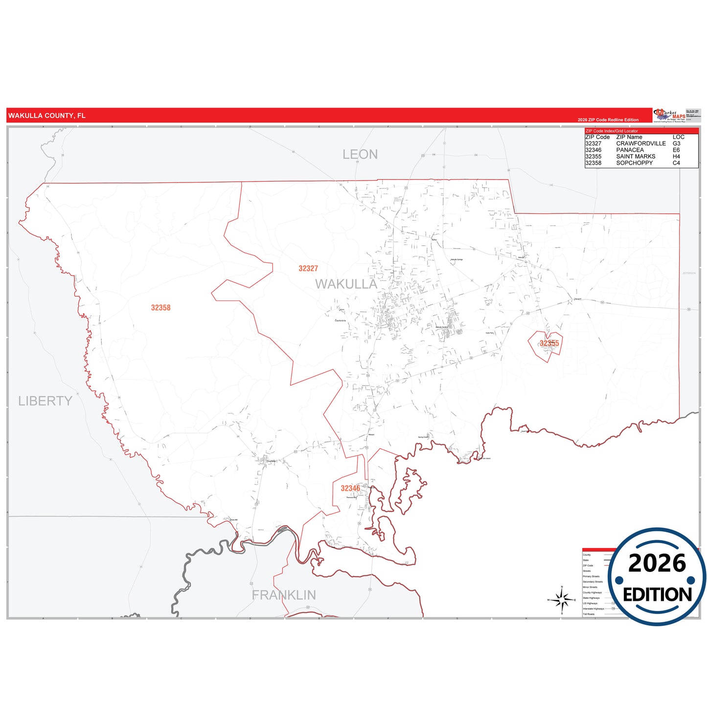 Wakulla County, FL Red Line 5 Digit ZIP Code Wall Map