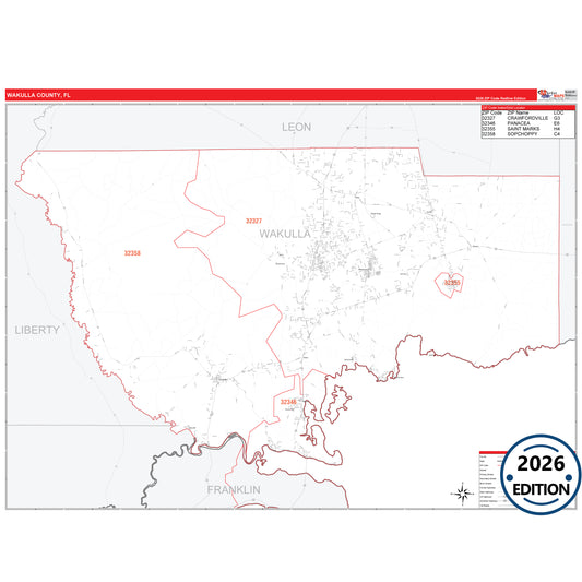 Wakulla County, FL Red Line 5 Digit ZIP Code Wall Map
