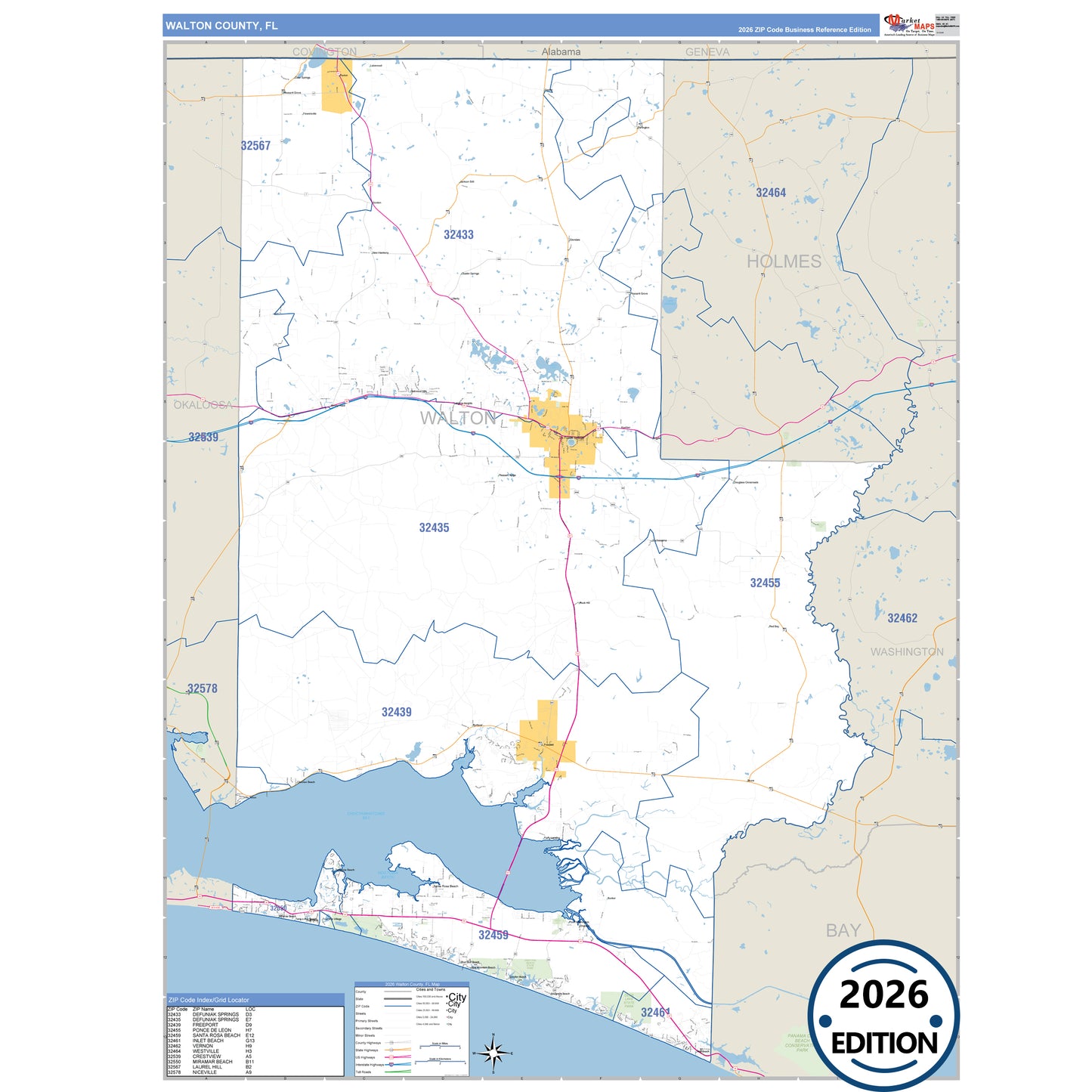 Walton County, FL Business Reference 5 Digit ZIP Code Wall Map