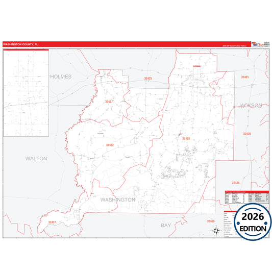 Washington County, FL Red Line 5 Digit ZIP Code Wall Map