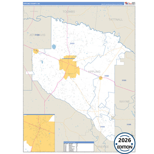 Appling County, GA Business Reference 5 Digit ZIP Code Wall Map