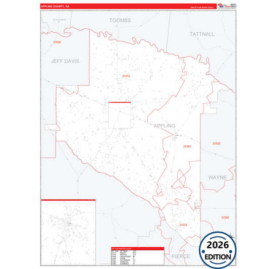 Appling County, GA Red Line 5 Digit ZIP Code Wall Map