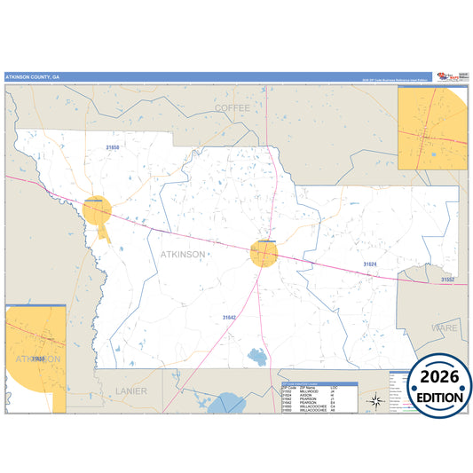 Atkinson County, GA Business Reference 5 Digit ZIP Code Wall Map
