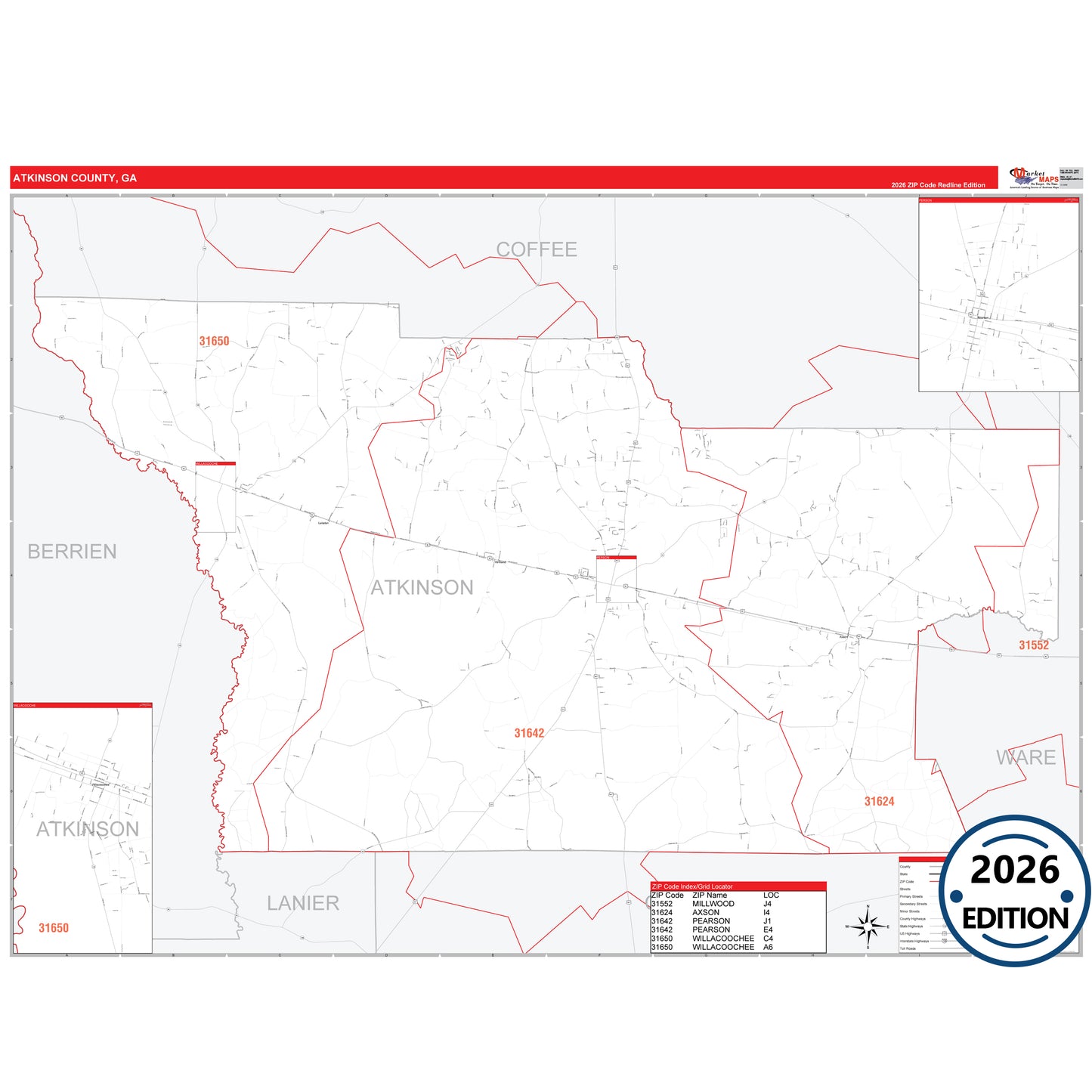 Atkinson County, GA Red Line 5 Digit ZIP Code Wall Map