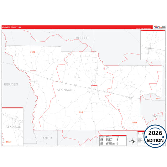 Atkinson County, GA Red Line 5 Digit ZIP Code Wall Map
