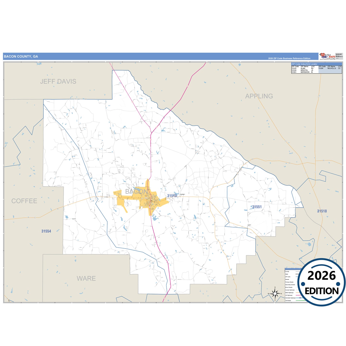 Bacon County, GA Business Reference 5 Digit ZIP Code Wall Map
