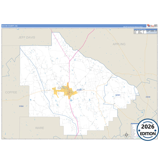 Bacon County, GA Business Reference 5 Digit ZIP Code Wall Map