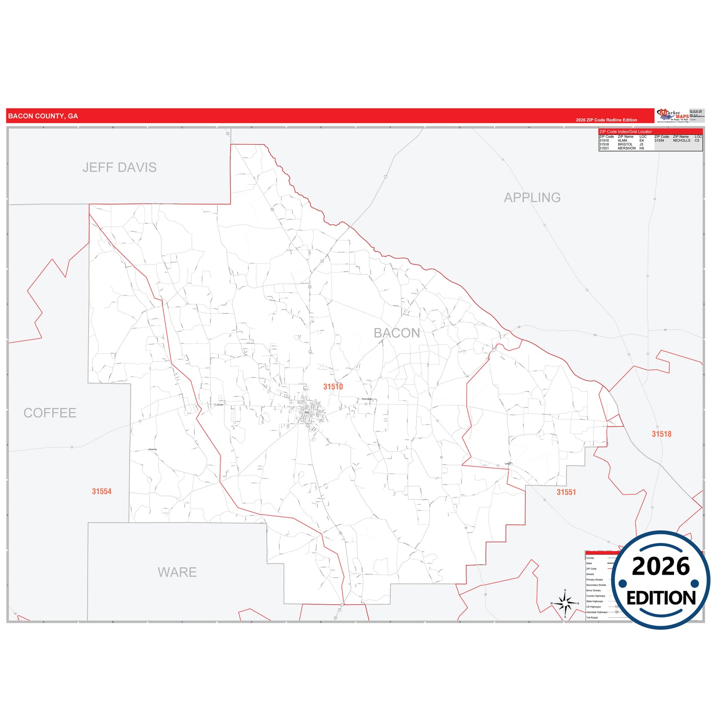Bacon County, GA Red Line 5 Digit ZIP Code Wall Map