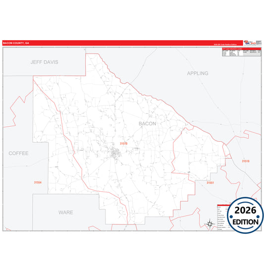 Bacon County, GA Red Line 5 Digit ZIP Code Wall Map