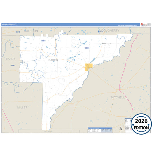 Baker County, GA Business Reference 5 Digit ZIP Code Wall Map