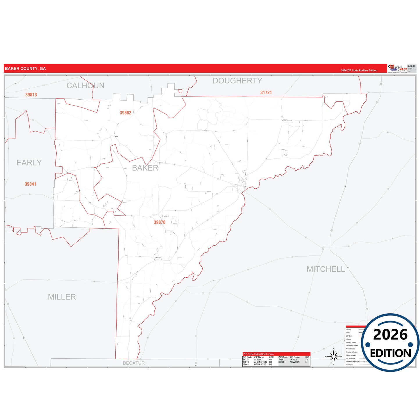 Baker County, GA Red Line 5 Digit ZIP Code Wall Map