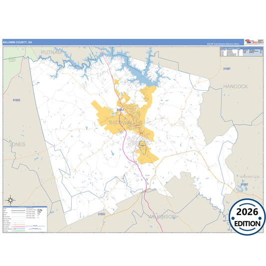 Baldwin County, GA Business Reference 5 Digit ZIP Code Wall Map