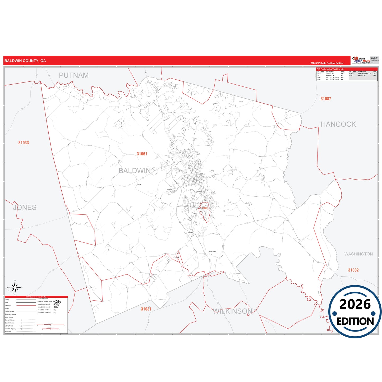 Baldwin County, GA Red Line 5 Digit ZIP Code Wall Map