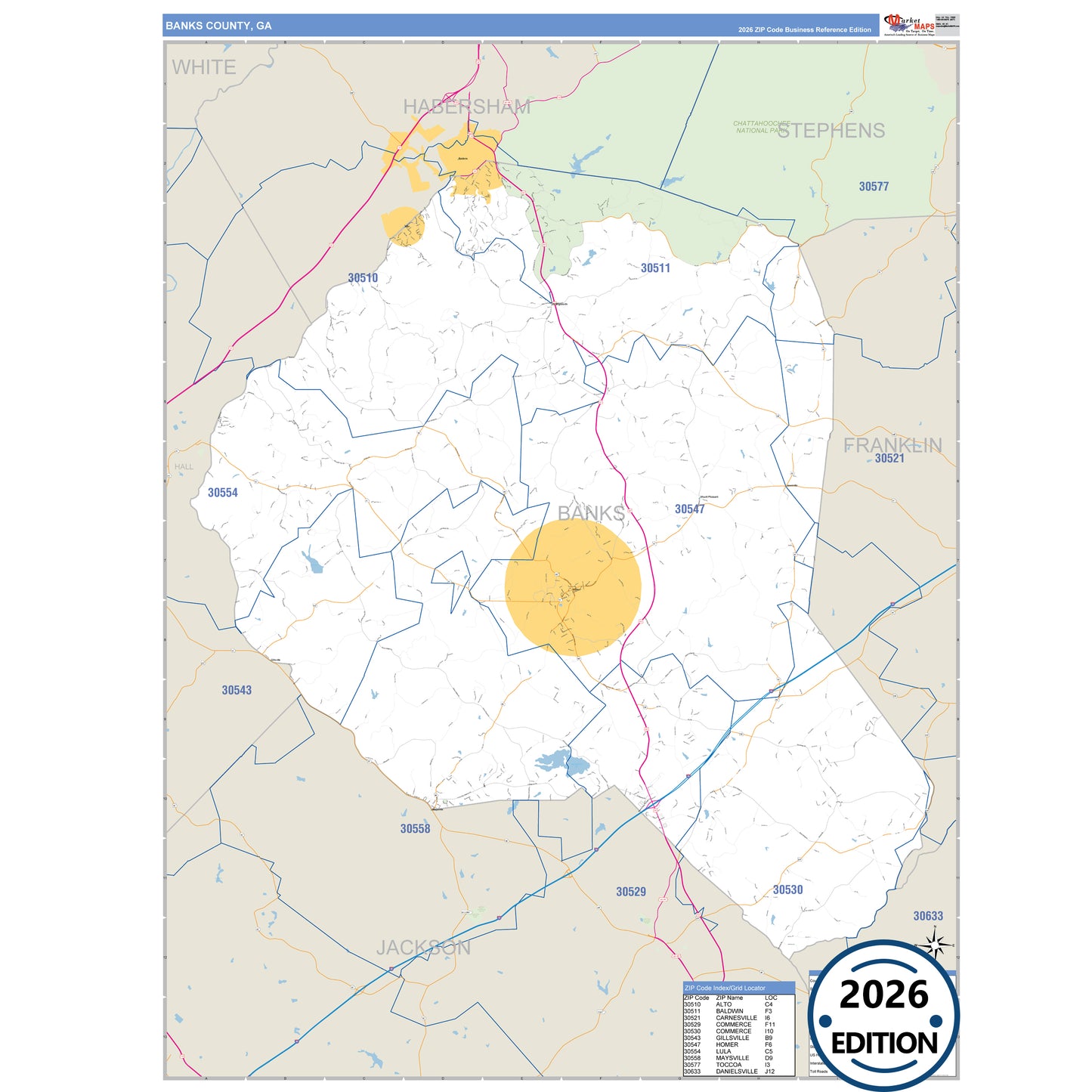 Banks County, GA Business Reference 5 Digit ZIP Code Wall Map