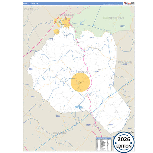 Banks County, GA Business Reference 5 Digit ZIP Code Wall Map