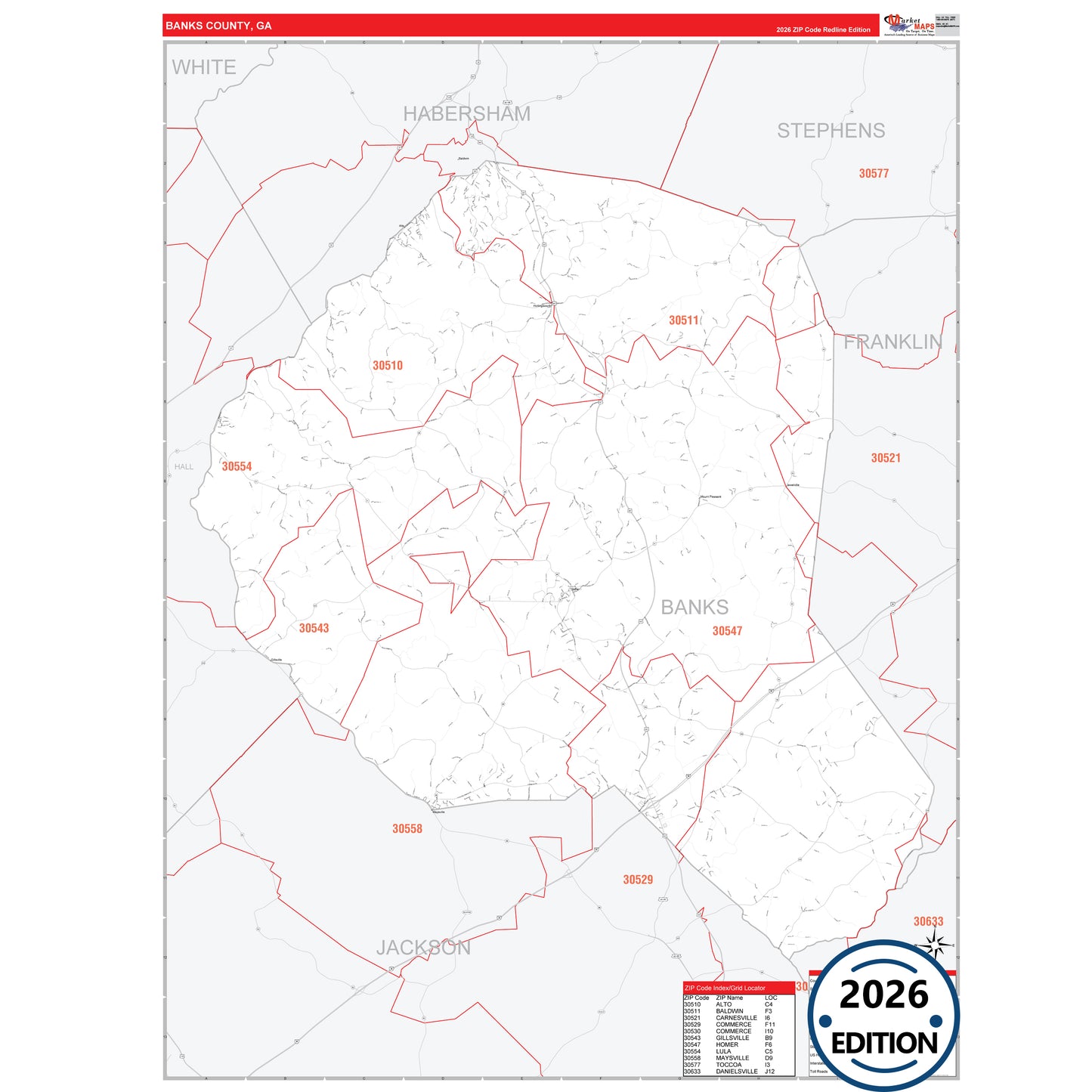 Banks County, GA Red Line 5 Digit ZIP Code Wall Map