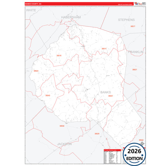 Banks County, GA Red Line 5 Digit ZIP Code Wall Map