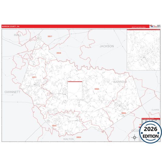 Barrow County, GA Red Line 5 Digit ZIP Code Wall Map