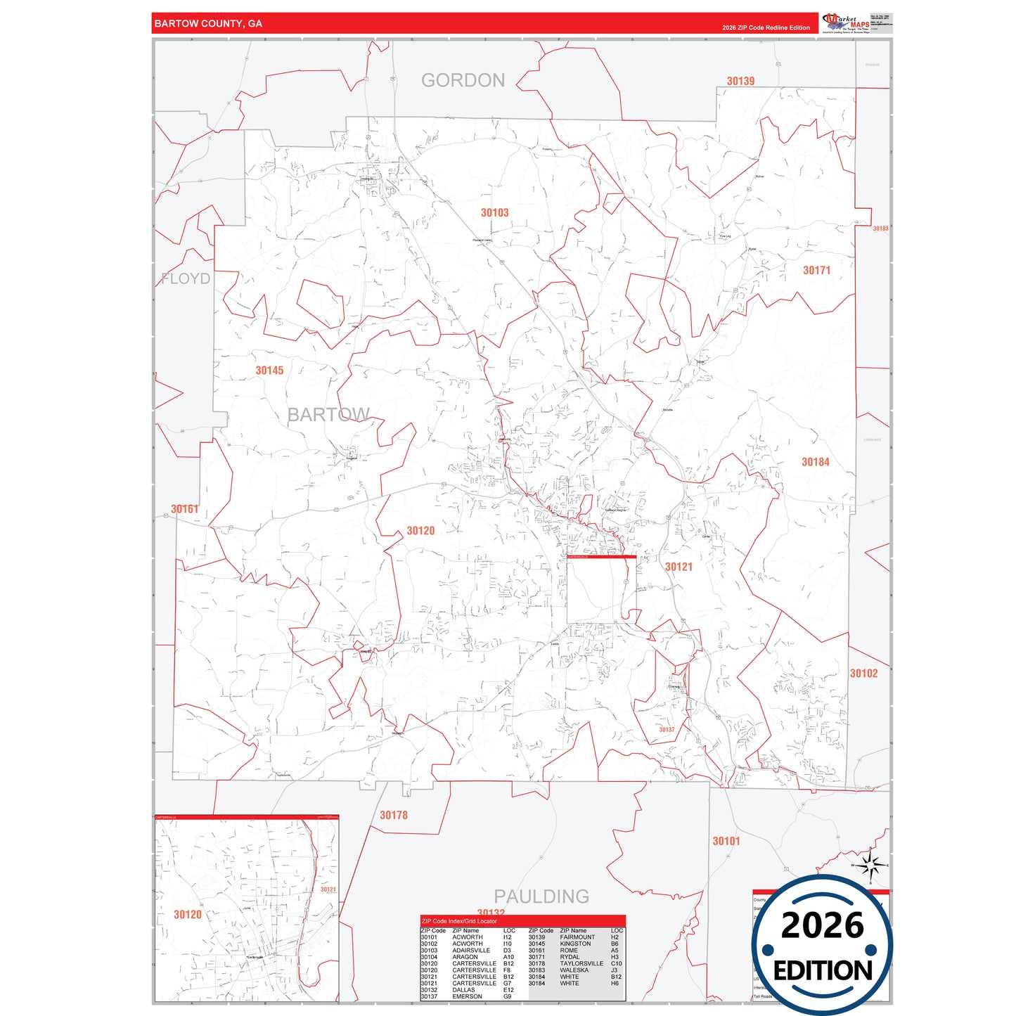 Bartow County, GA Red Line 5 Digit ZIP Code Wall Map