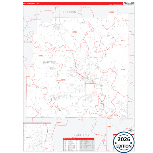 Bartow County, GA Red Line 5 Digit ZIP Code Wall Map