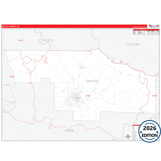 Ben Hill County, GA Red Line 5 Digit ZIP Code Wall Map