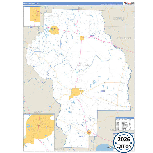 Berrien County, GA Business Reference 5 Digit ZIP Code Wall Map