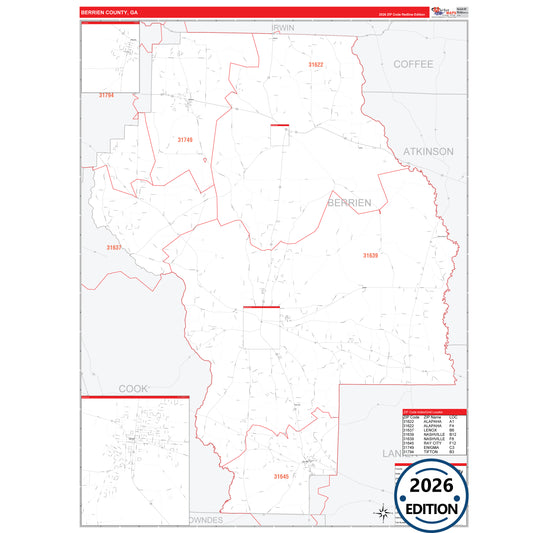 Berrien County, GA Red Line 5 Digit ZIP Code Wall Map