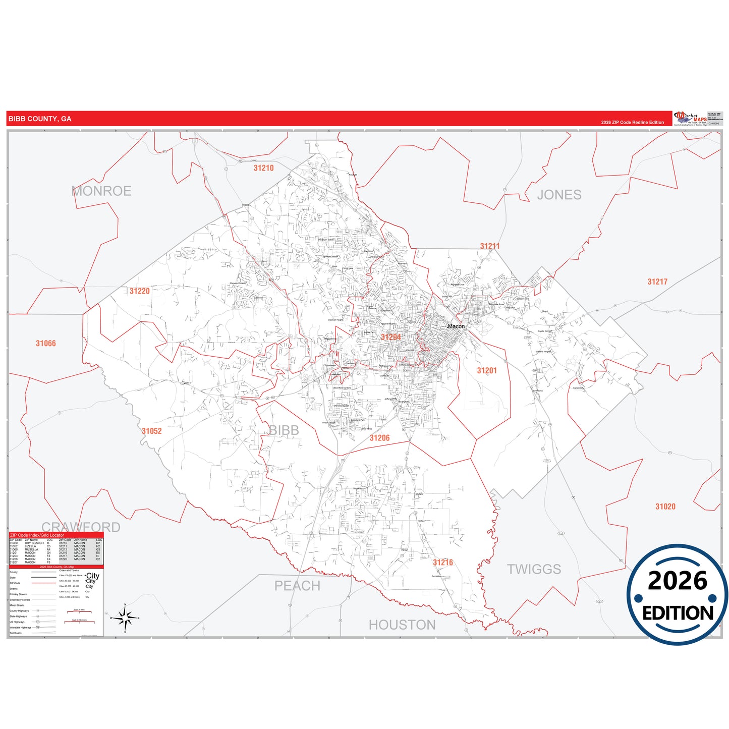 Bibb County, GA Red Line 5 Digit ZIP Code Wall Map