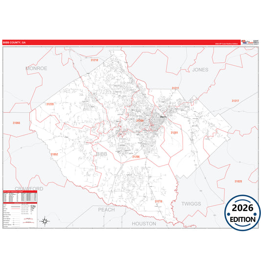 Bibb County, GA Red Line 5 Digit ZIP Code Wall Map