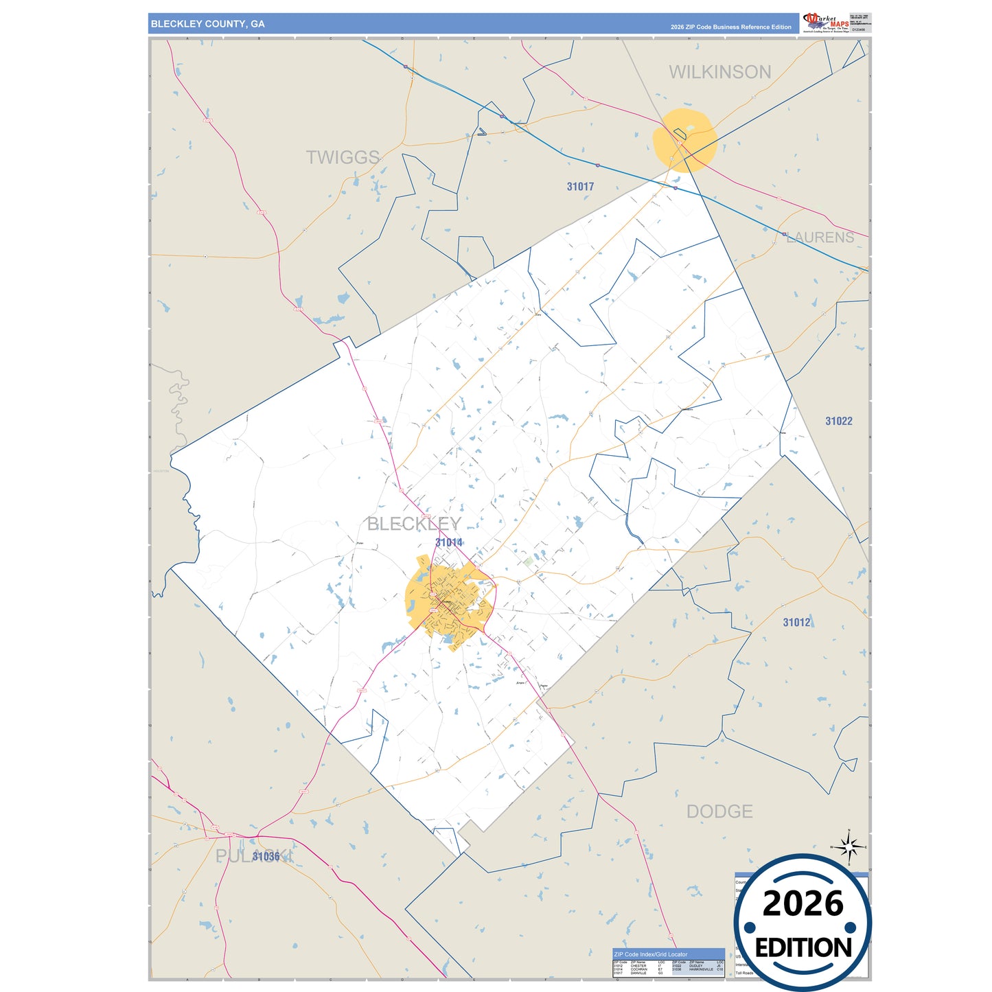 Bleckley County, GA Business Reference 5 Digit ZIP Code Wall Map