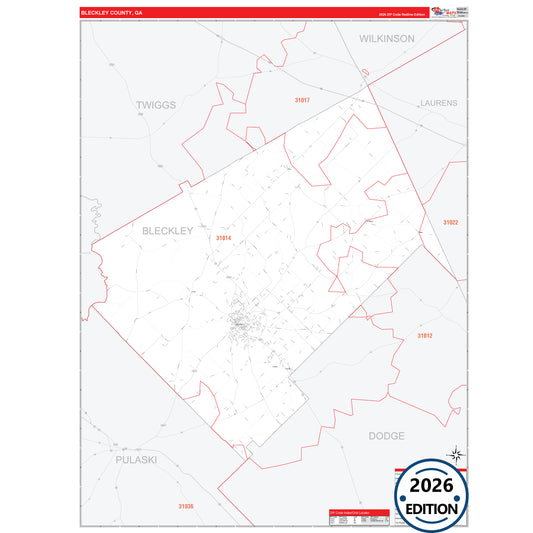 Bleckley County, GA Red Line 5 Digit ZIP Code Wall Map