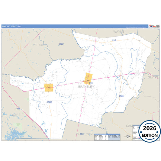 Brantley County, GA Business Reference 5 Digit ZIP Code Wall Map