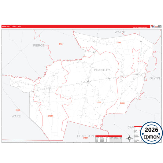 Brantley County, GA Red Line 5 Digit ZIP Code Wall Map