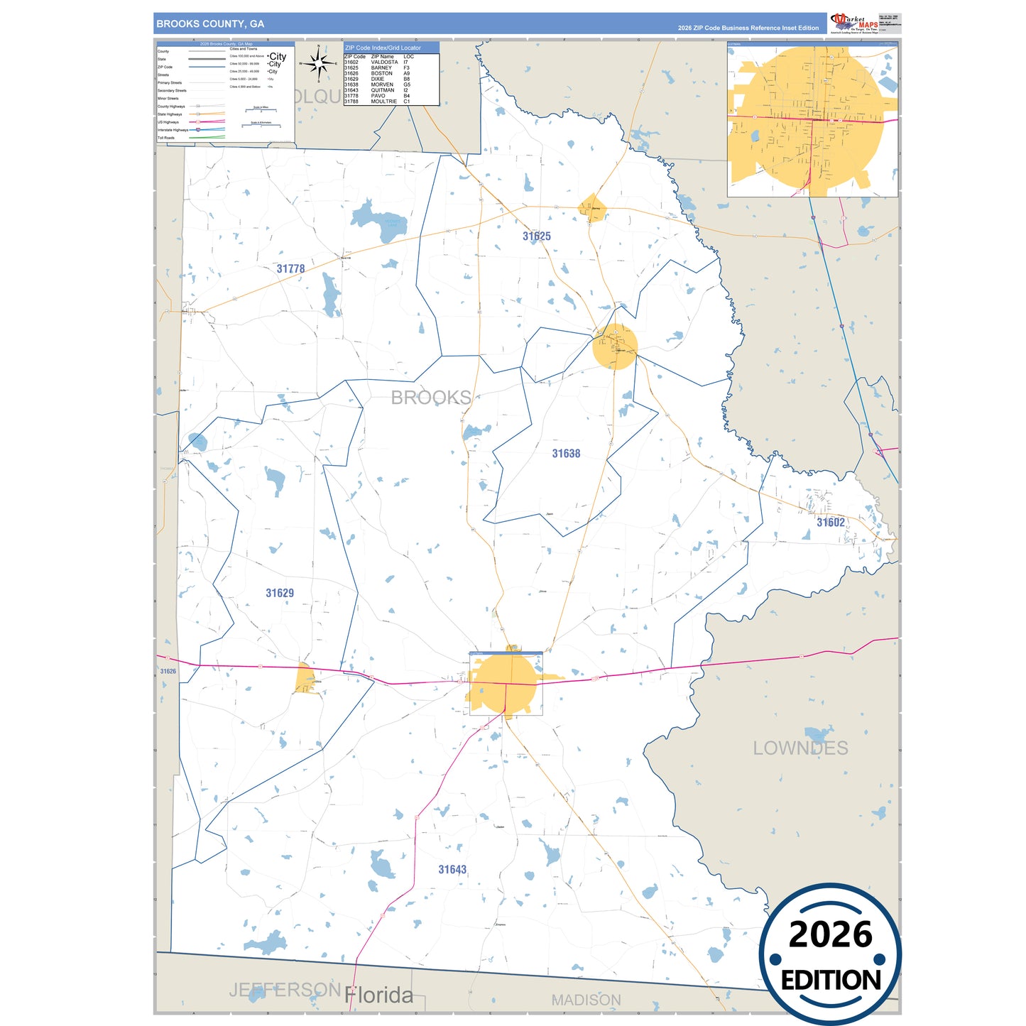 Brooks County, GA Business Reference 5 Digit ZIP Code Wall Map