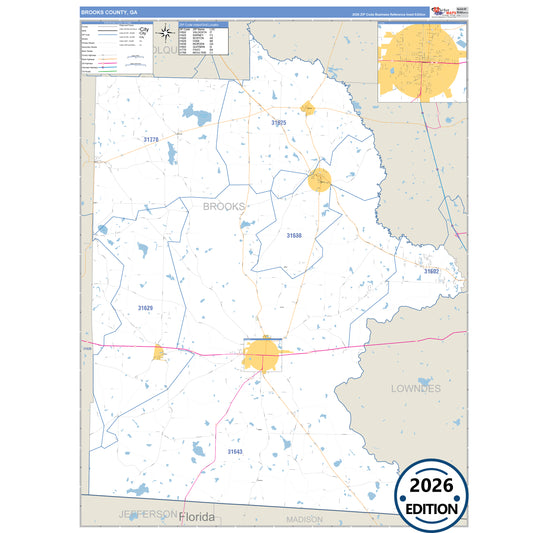 Brooks County, GA Business Reference 5 Digit ZIP Code Wall Map