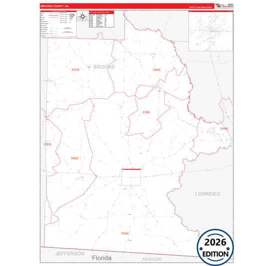 Brooks County, GA Red Line 5 Digit ZIP Code Wall Map