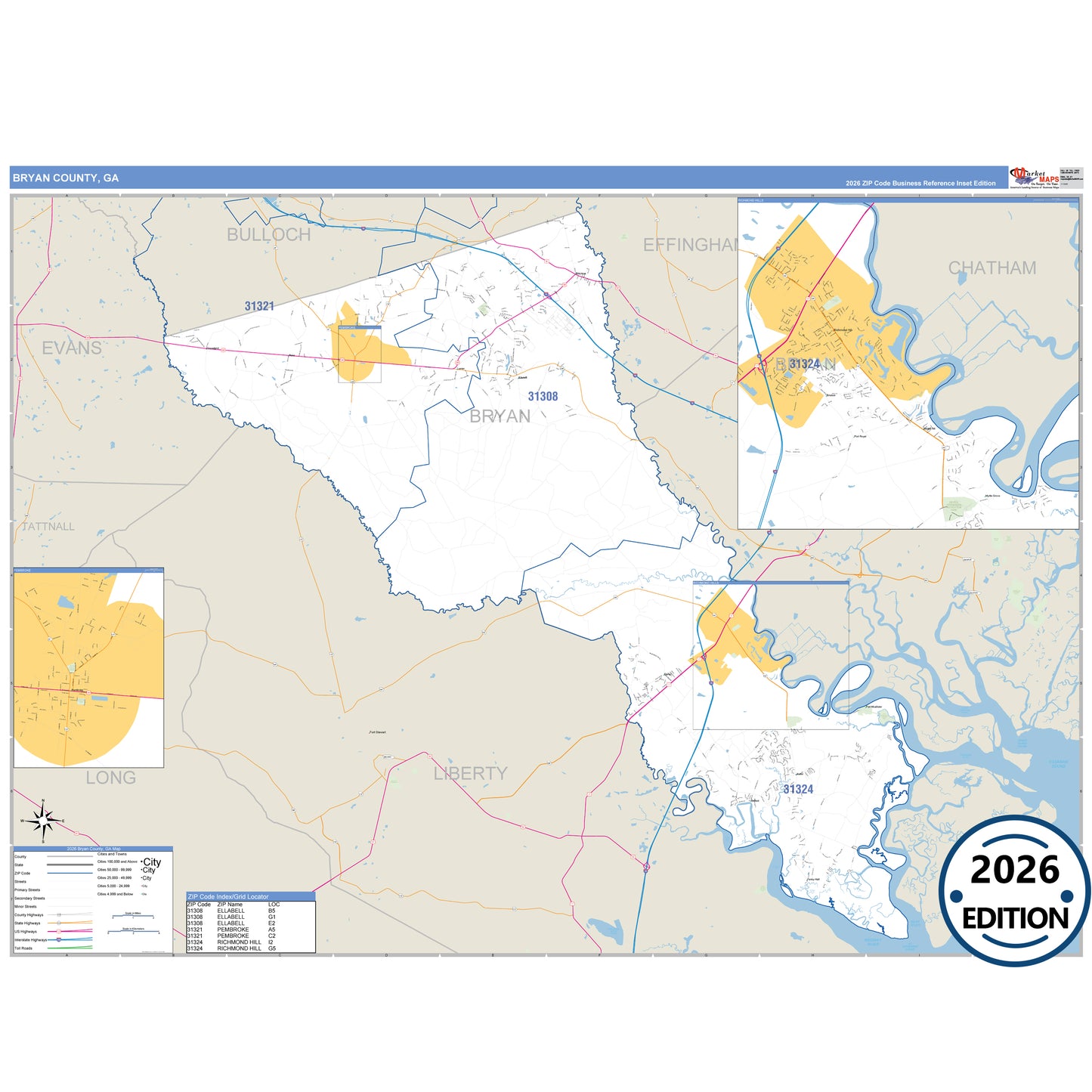 Bryan County, GA Business Reference 5 Digit ZIP Code Wall Map