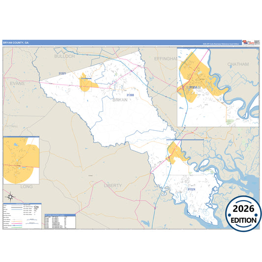 Bryan County, GA Business Reference 5 Digit ZIP Code Wall Map