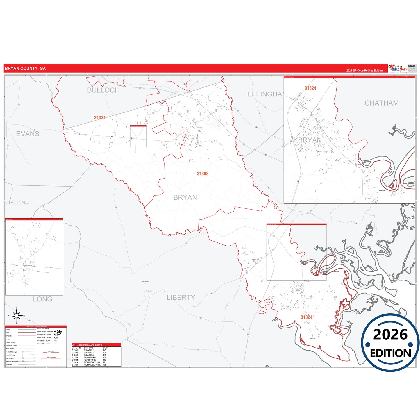 Bryan County, GA Red Line 5 Digit ZIP Code Wall Map