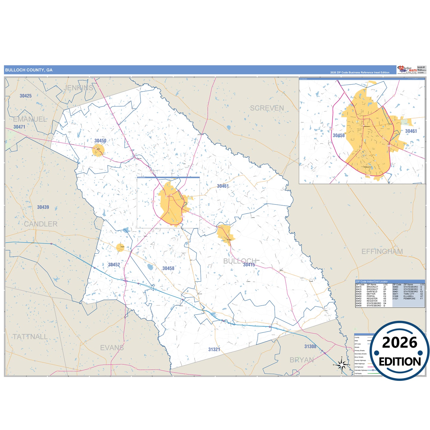Bulloch County, GA Business Reference 5 Digit ZIP Code Wall Map