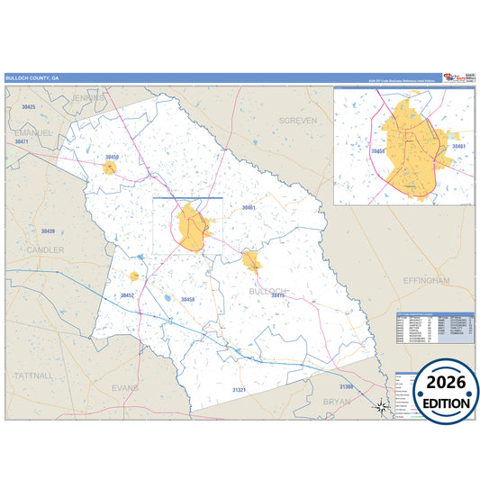 Bulloch County, GA Business Reference 5 Digit ZIP Code Wall Map