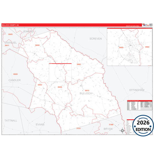 Bulloch County, GA Red Line 5 Digit ZIP Code Wall Map