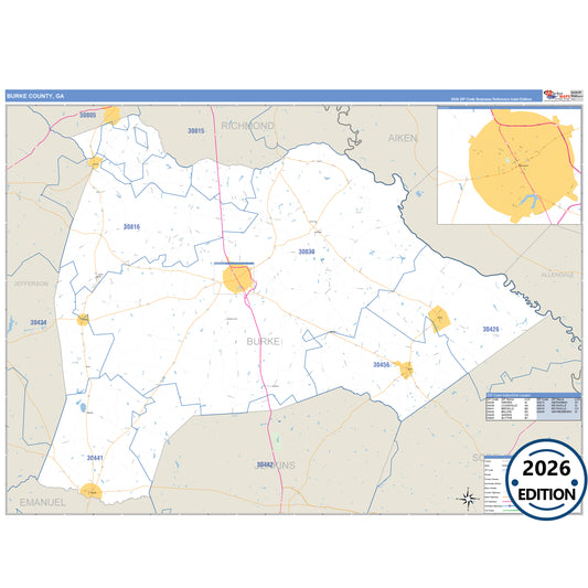 Burke County, GA Business Reference 5 Digit ZIP Code Wall Map