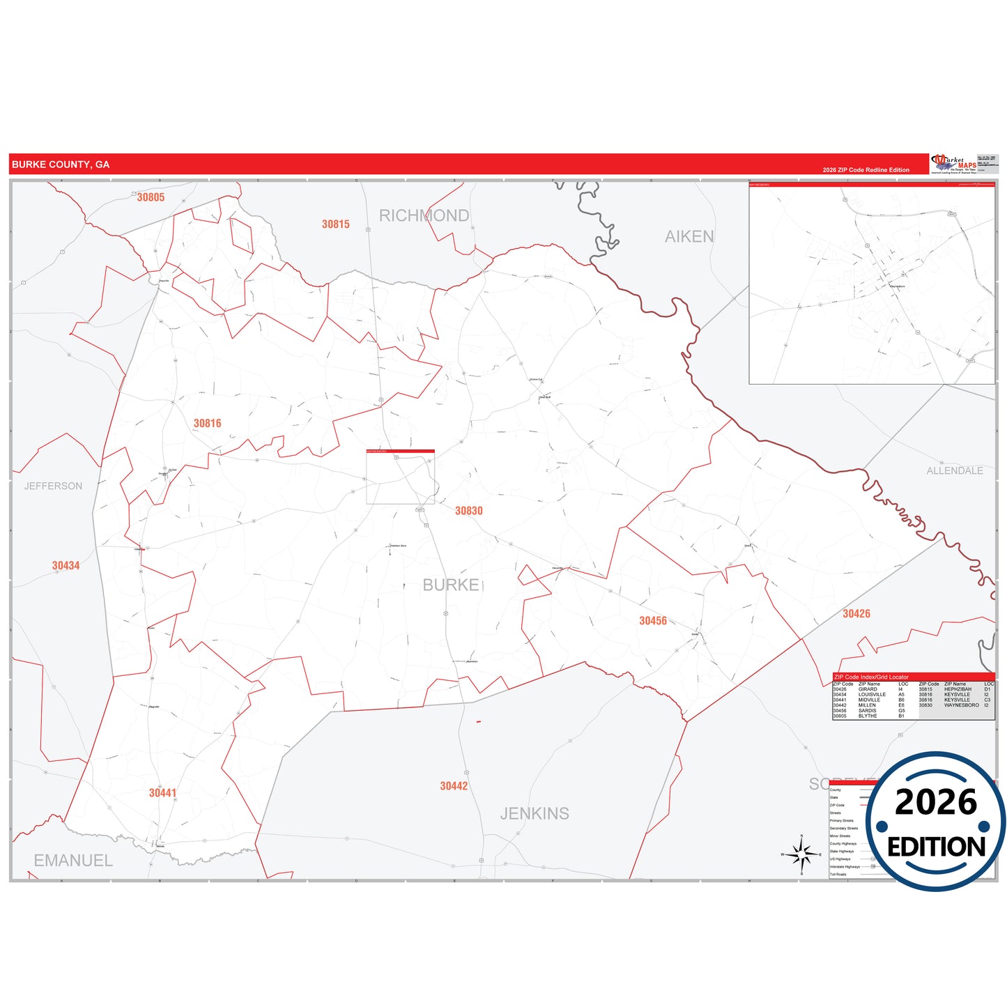 Burke County, GA Red Line 5 Digit ZIP Code Wall Map