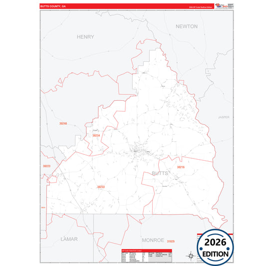 Butts County, GA Red Line 5 Digit ZIP Code Wall Map