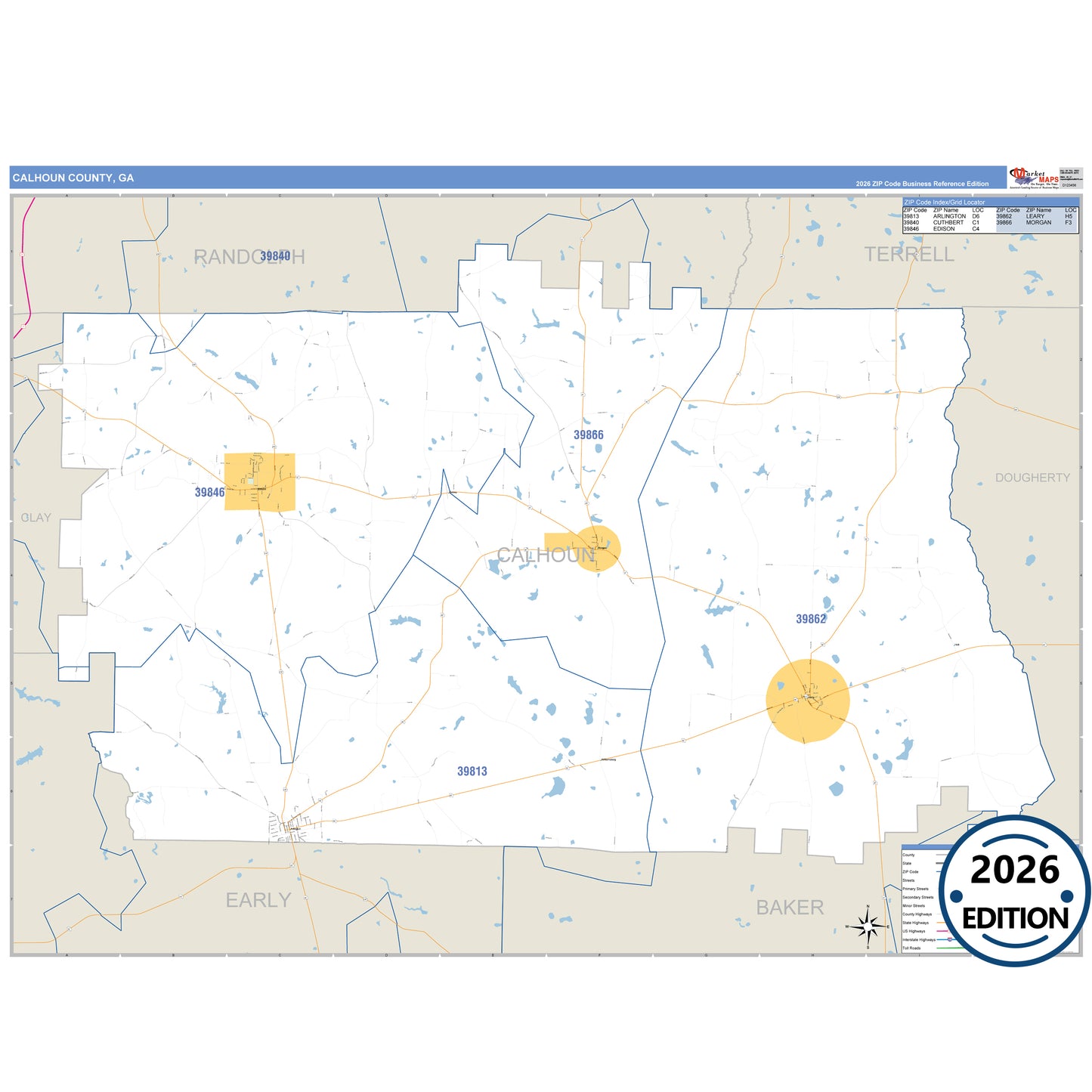 Calhoun County, GA Business Reference 5 Digit ZIP Code Wall Map