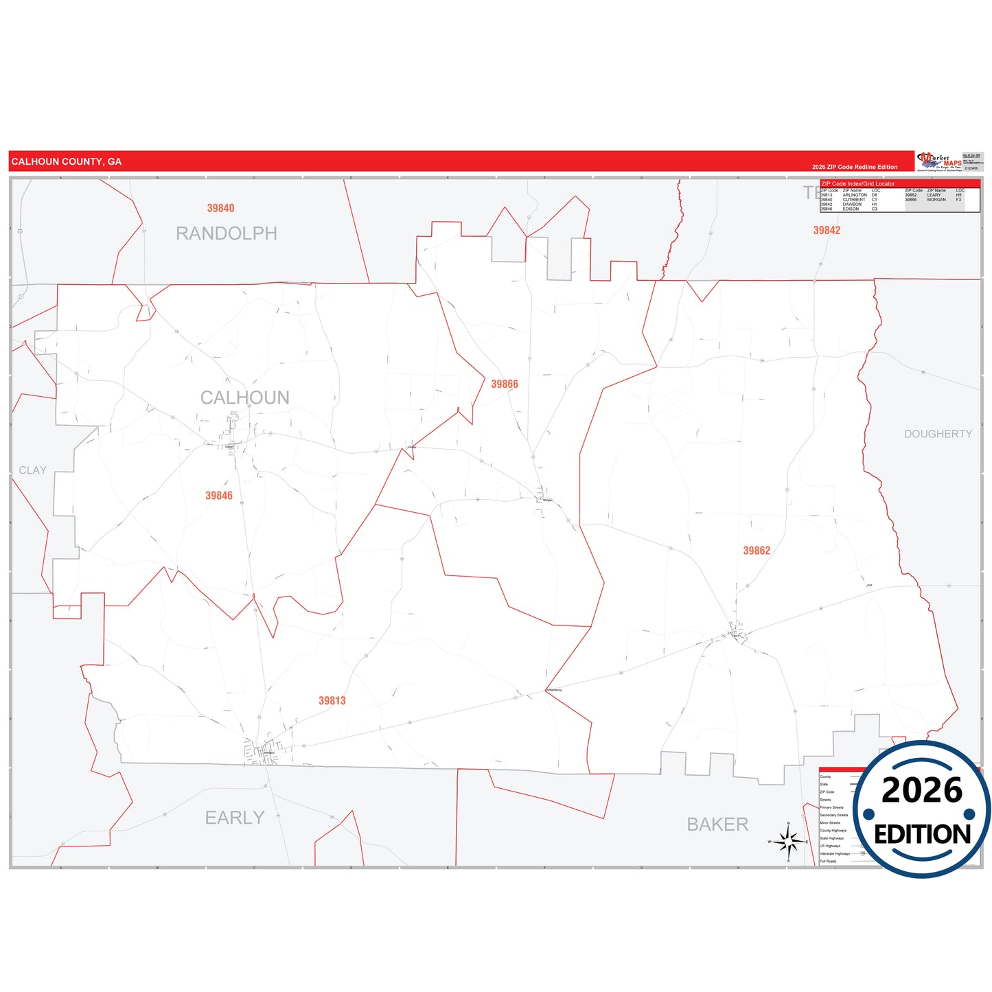 Calhoun County, GA Red Line 5 Digit ZIP Code Wall Map