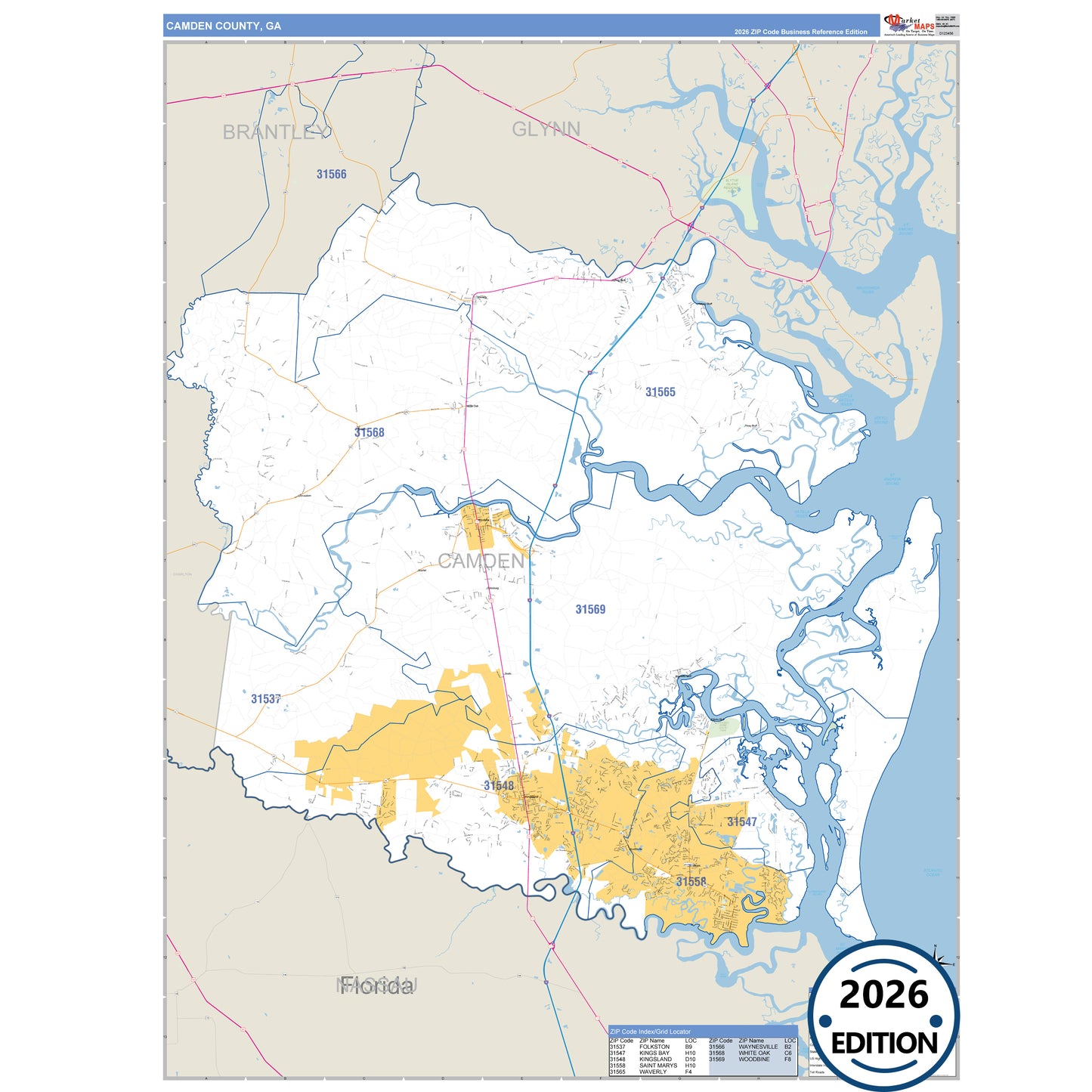Camden County, GA Business Reference 5 Digit ZIP Code Wall Map